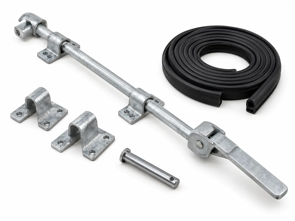 Container door locking bar with handle, cam keepers, hinge pin and EPDM door gasket