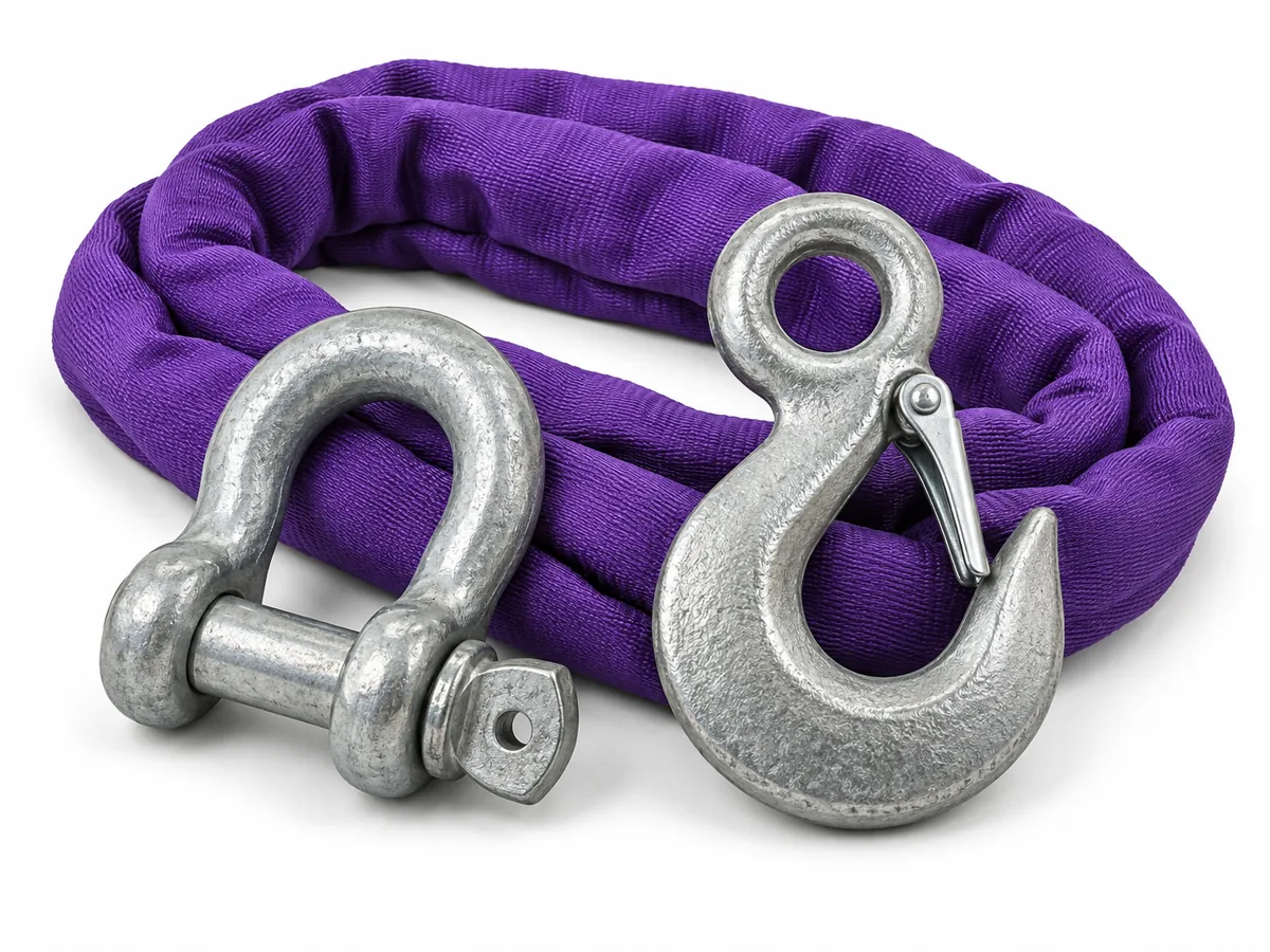 Galvanized bow shackle, eye hook with safety latch and purple round sling