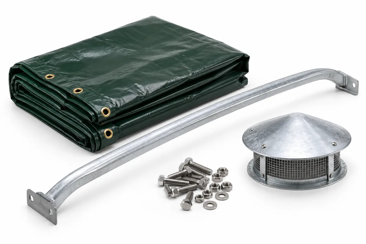 Folded green tarpaulin, galvanized roof bow, container ventilator and stainless fasteners